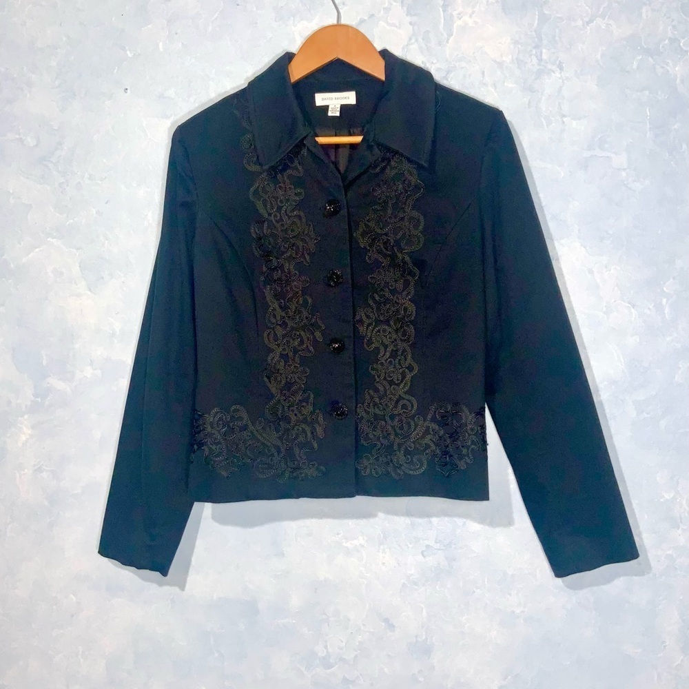 Vintage David Brooks Black Velvet Embroidered Cropped Button Front Jacket Size 6